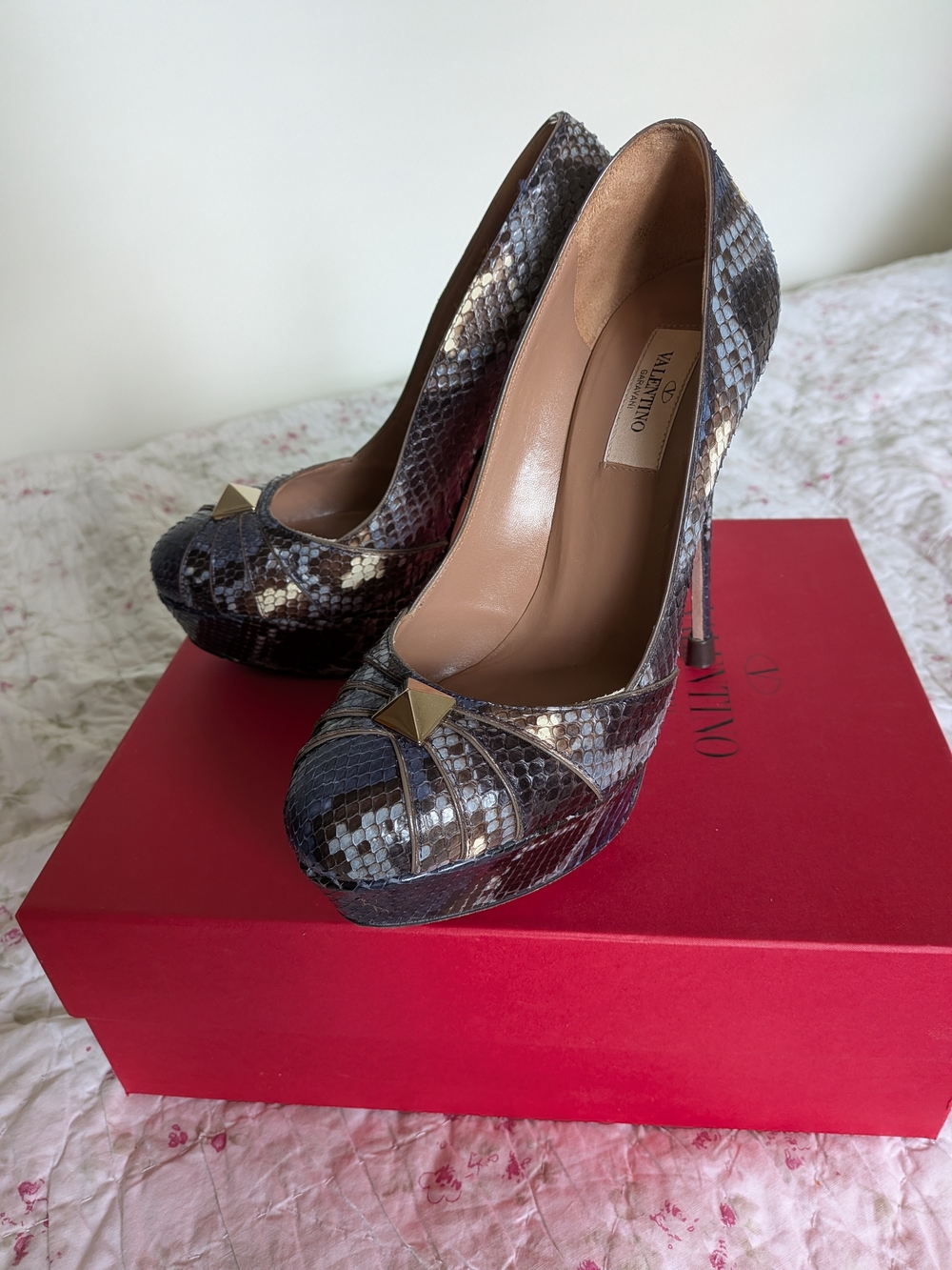 Valentino Brown Snakeskin Platform Pump with Gold Stud